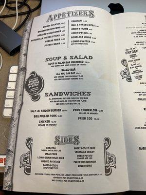 Menu from my visit of 23 February 2023.  Prices are ridiculous!  Food is just good.  Salad Bar is good if you like shredded lettuce.