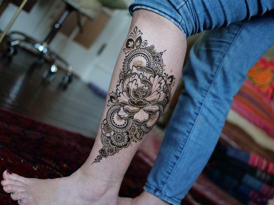 Peony/mehndi hybrid design innovated by Blue Lotus Henna...