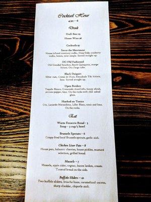 Cocktail Hour menu, 1/5/2019