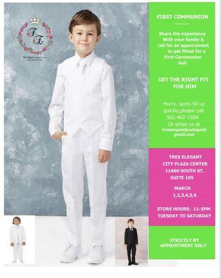 Boys need to get fitted for First Communion outfits too - suits, tuxedo...