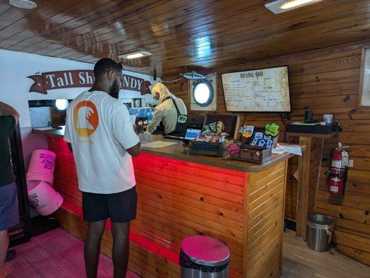 Below decks, you'll find the ships galley with snacks, sodas, and beer.