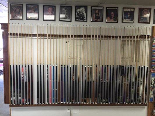 we Sale mass produced cues, custom cues, one-piece bar cues. All different weights.