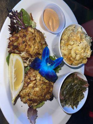 Jumbo Lump Crab Cakes , collard greens, and Mac and Cheese