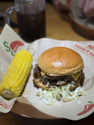 Smasher burger and corn on the cob