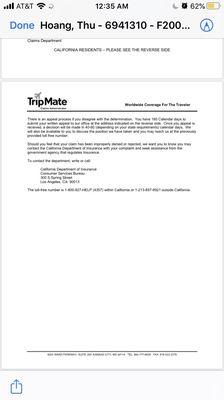 Denied coverage letter from Tripmate Insurance - page 3 of 3