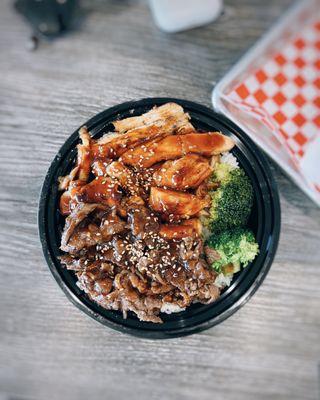 Chicken teriyaki + beef teriyaki / $9.95 (bowl)