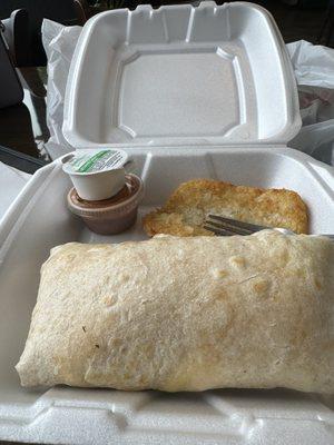 Delicious breakfast burrito with hash brown! Loved it! The salsa is fresh and excellent!