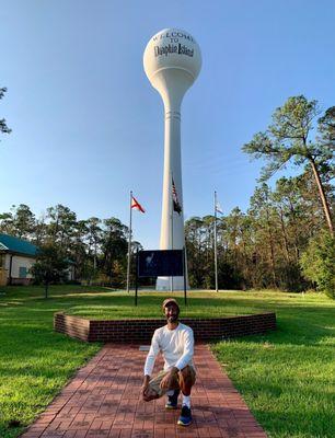 The giant water tower welcoming you to Dauphin Island.