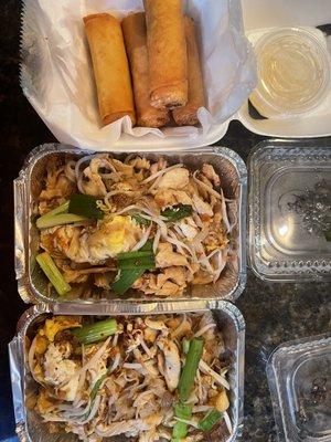 Chicken pad Thai and spring rolls