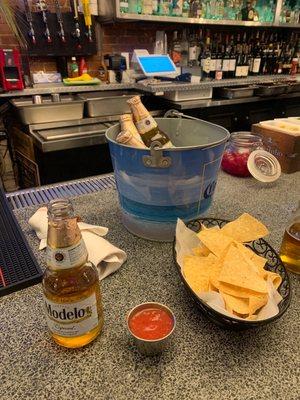 Starting off with a bucket of Morelos and some delicious chips/salsa