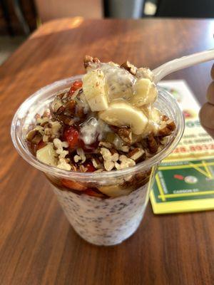 Oatmeal, chia seeds and fruit/honey topping.