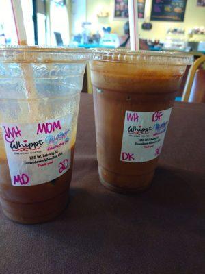 Mothers day mocha dalgona  on left. On the right is bananas foster dalgona.