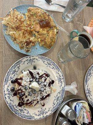 Blueberry almond pancakes, fig and bacon omelette