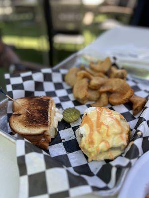 Pickle grill cheese, fried green tomato Benedict and fries.