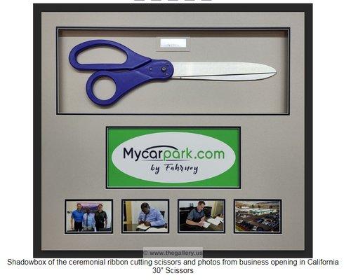 Shadowbox of the ceremonial ribbon cutting scissors and photos from business opening in California
30" Scissors