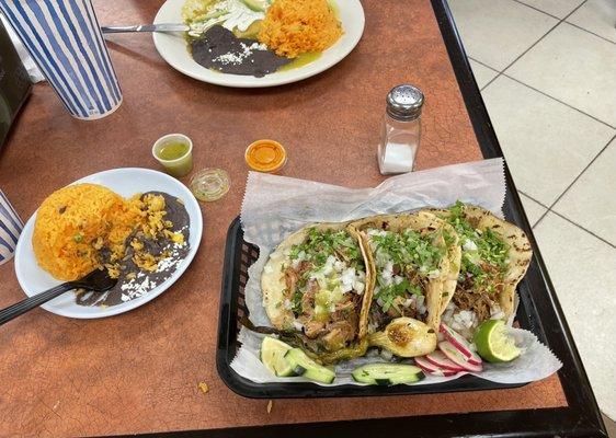 Carnitas tacos, rice & beans.