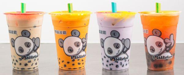 Classic milk tea, Thai tea, taro milk tea and mango green tea