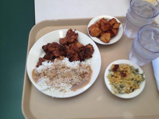 Huge serving of excellent Chicken Livers, with rice, Green Bean Casserole, and Roasted Potatoes - 2 starches are bad, right?