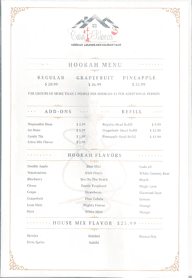 Casablanca Hookah menu