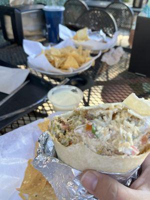 Chicken burrito, chips & queso