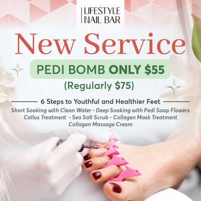 NEW SERVICE: PEDI BOMB
Revitalize your tired feet with our PEDI BOMB treatment for just $55 (Regular $75)!
Experience 6 Steps for Youth