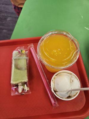 Mango agua, a scoop of arroz con Leche and an avocado paleta.