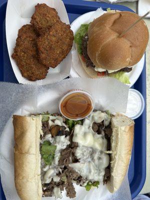 Felafel Greek burger  Philly steak