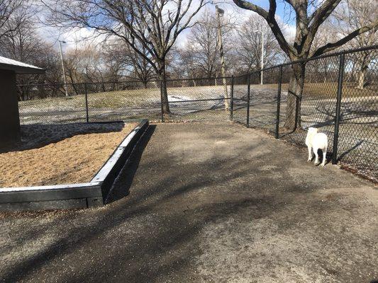 It's a small dog park just south of the pool. Bring your own poop bags. Tennis balls were plentiful when we stopped by on this cold morning.