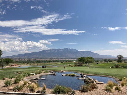 Sandia Mountains and practice putting green