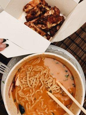 Chicken karaage and spicy tonkatsu ramen