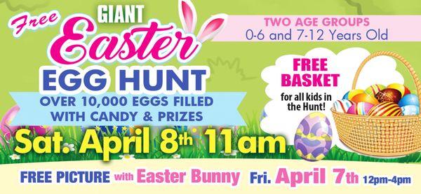 FREE EASTER EGG HUNT FOR KIDS 12 YEARS AND UNDER!
 Saturday, April 8th starting at 11am.  FREE BASKET for all kids in the hunt!