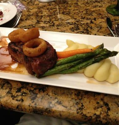 NY Strip with beer battered onion rings and mashed potatoes