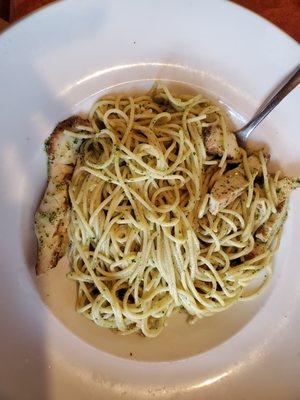 Custom pasta dish- angel hair pasta with pesto sauce and grilled chicken