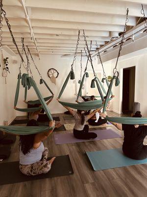 Aerial restorative yoga Sundays at 10:15am, a great way to slow down and be present in the moment.