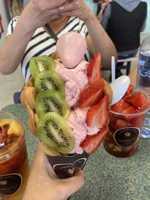 Bubble Waffle...strawberry ice cream in a bubble waffle with fresh fruit.  So YUMMY!