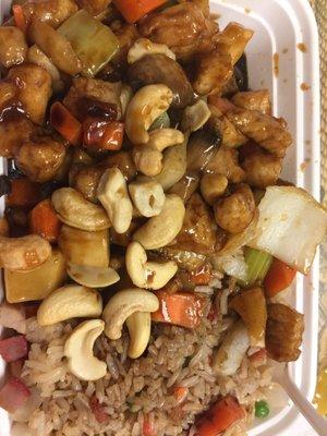 Chicken with cashew nuts. All cashew nuts added on top. 10 total.