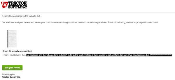 My screenshot of the email TS sent to me telling me they took down my review!
