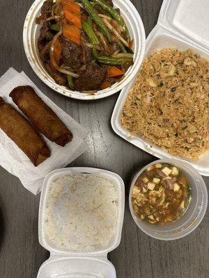 Chicken Fried Rice Mongolian Beef Egg Roll Minced Beef and Cilantro Soup