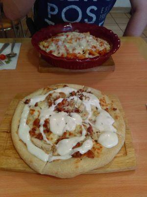 Crispy chicken, bacon, and ranch dressing pizza