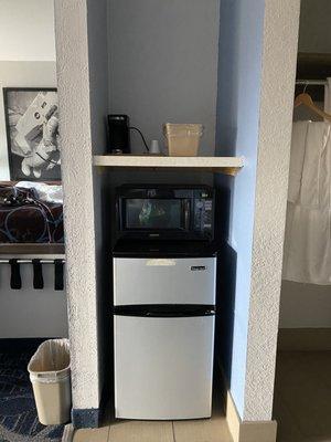 Mini fridge, microwave, coffee maker