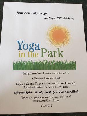 Join Zen city yoga tomorrow, Friday September 27th at 9:30 for a gentle yoga class at Gilcrease brother's park 
cost $12