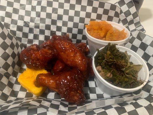 Bbq Wings greens yams cornbread