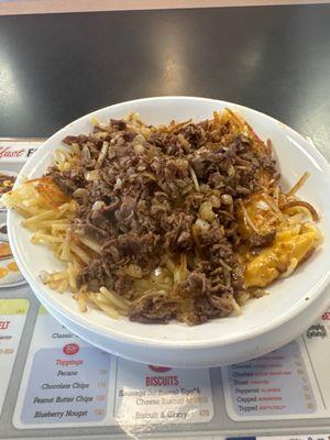 Cheese steak hash brown bowl