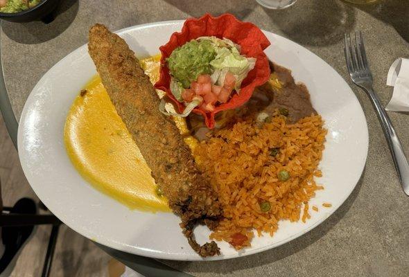 Chile Relleno with rice and beans