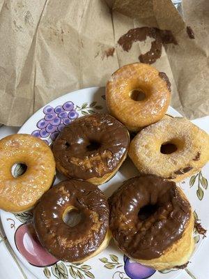 Donuts are good but I would recommend to put donuts inside the box instead of paper bag especially chocolate donuts.