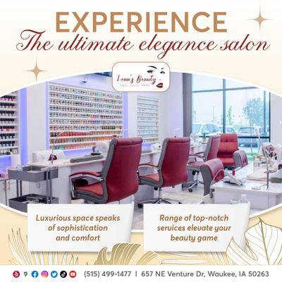 Experience elegance redefined at Lena's Beauty - Nails - Lashes - Brows!
 Step into our luxurious space where every detail speaks of so