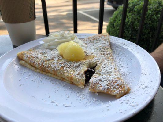 Blueberries & Lemon Curd Crepe with a Cappuccino