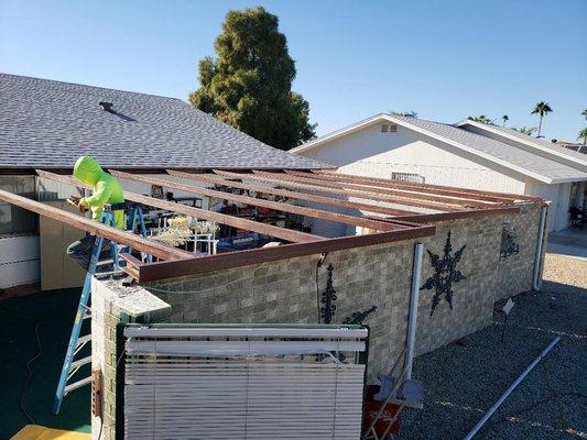 Pelican restoring a patio from the last storm.....in Sun City, Az.