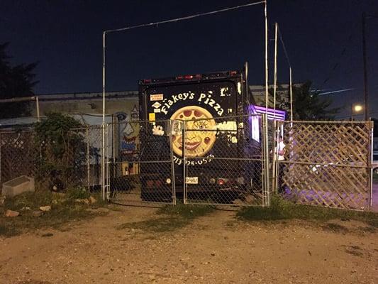 Side view of the pizza truck... Sketchy but tasty pizza.