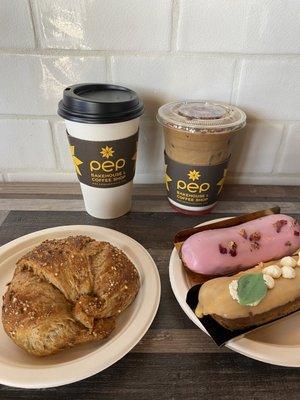 Iced Summer rose latte; multi grain, rose eclair, & passion fruit eclair ; IG: susanlamx